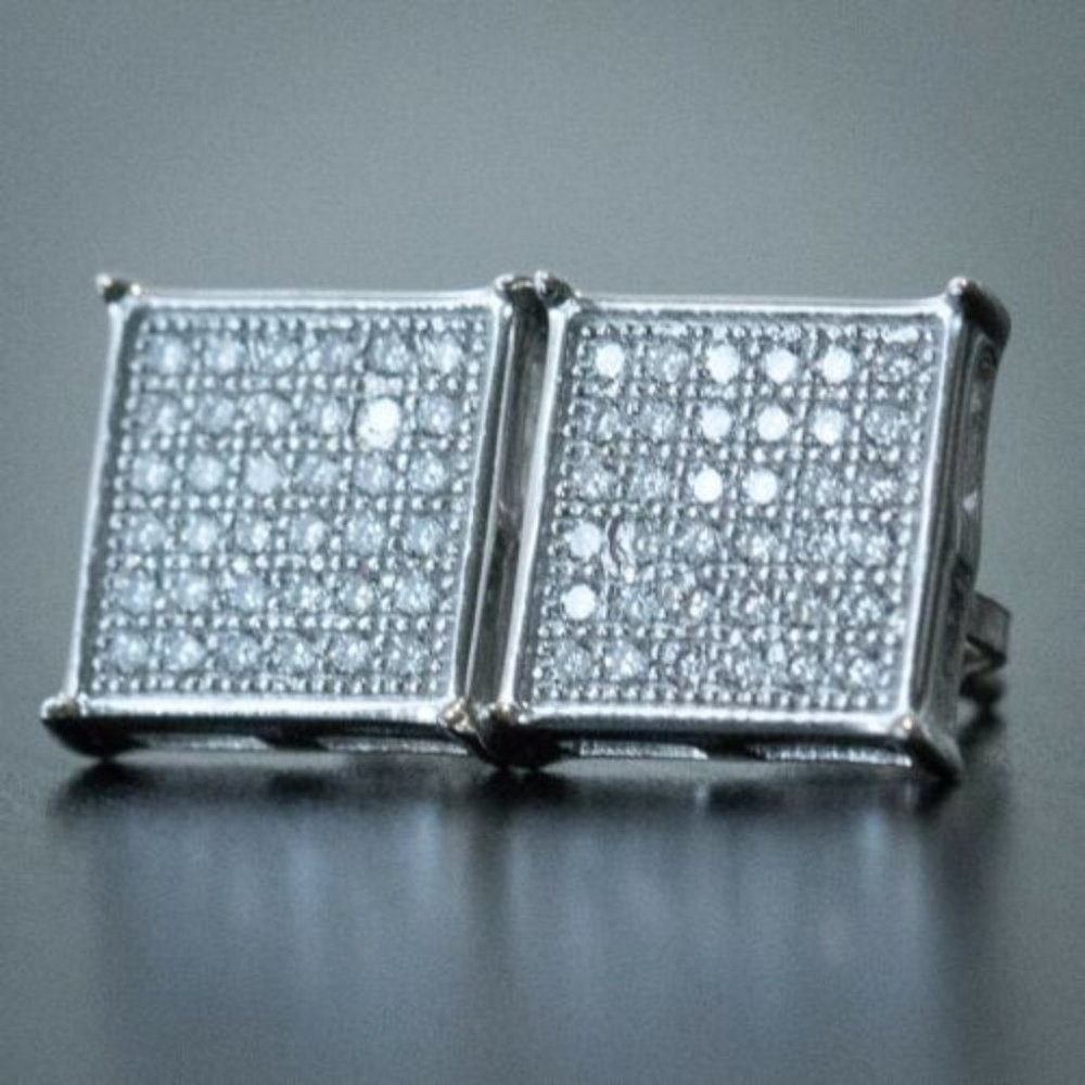 Unisex Silver Plated CZ Square Stud Earrings - Picture 3 of 7